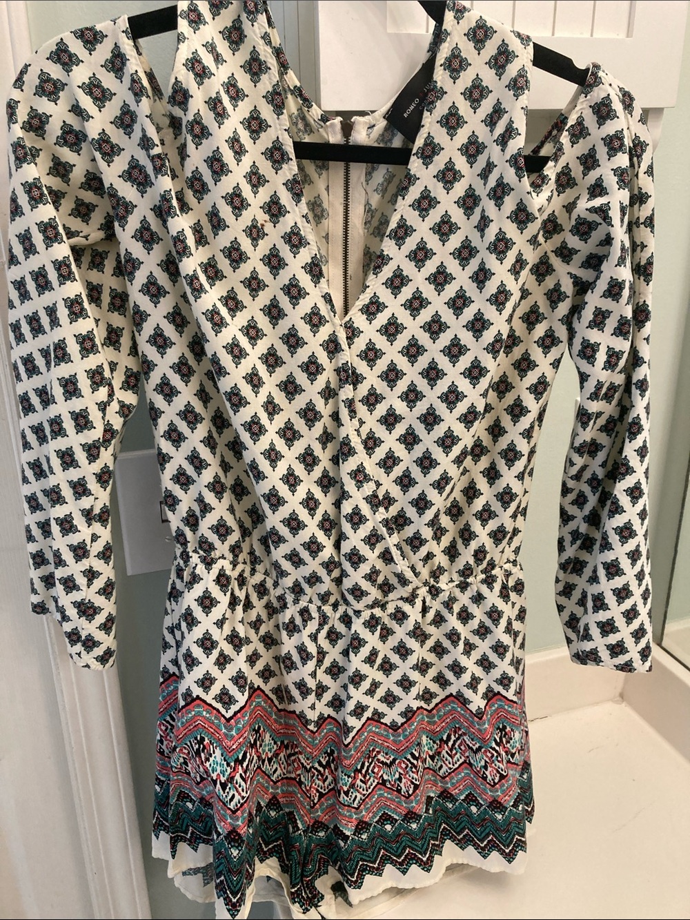 Boho Printed V-Neck Long Sleeve Romper in White with Multicolor Border